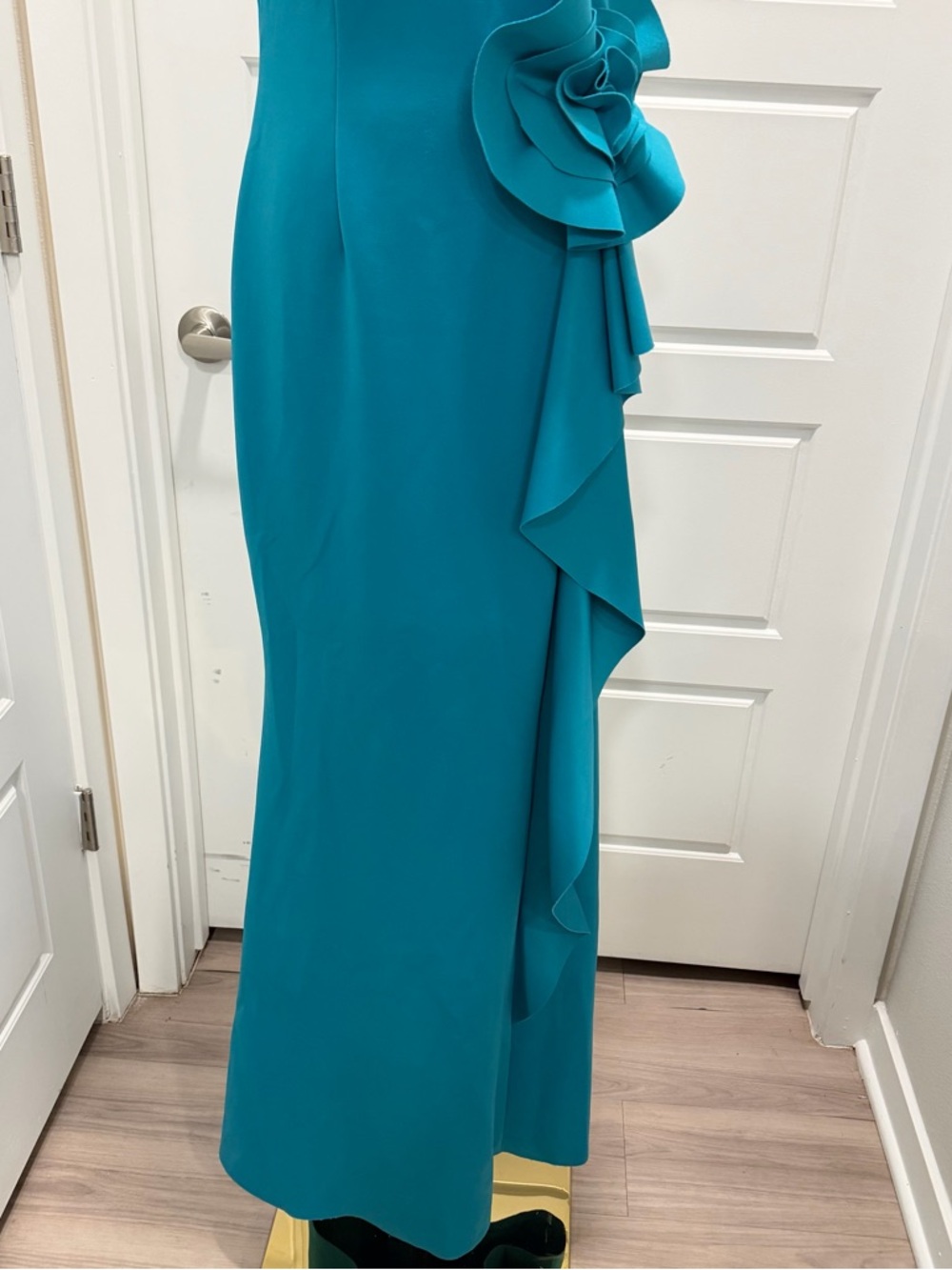 Jessica Howard Teal Sleeveless Maxi Gown with Side Ruffle Flower - Picture 7 of 10